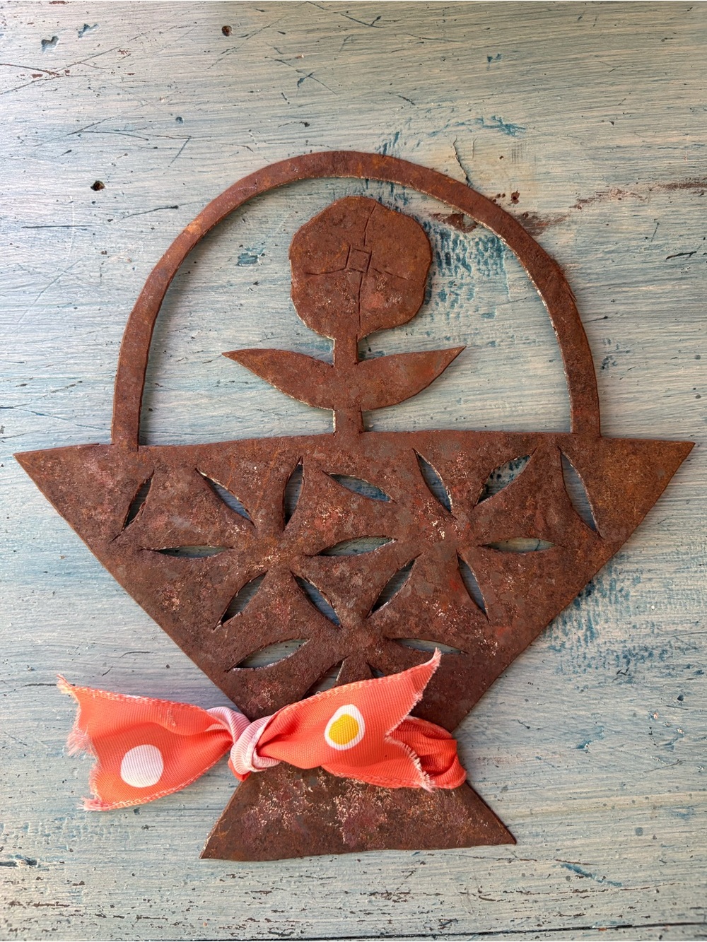 Rustic Sheet Metal Flower Basket Wall Accent with Orange Bow - Picture 7 of 8